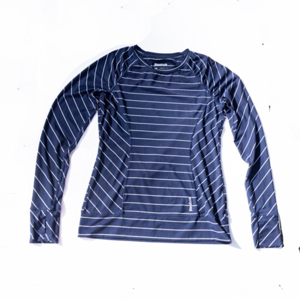 Reebok Nautical Striped Top Shirt Athletic Workout Navy White